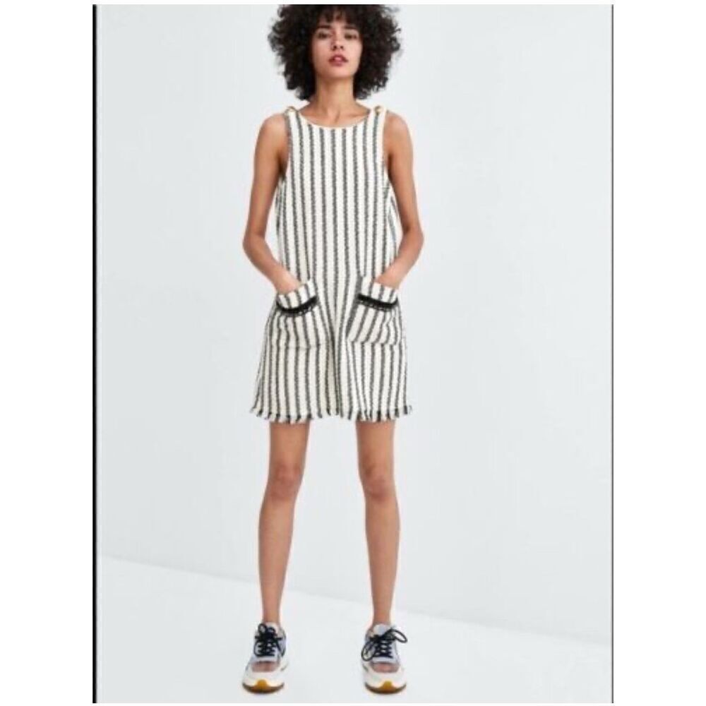 Zara collection tweed pinafore fringe shift dress M